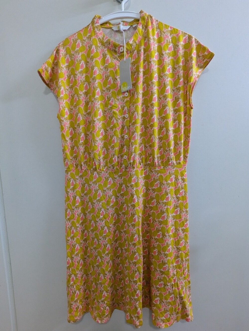 Boden Pineapple Print Flippy Jersey Dress Yellow Pink Size 10 NWT